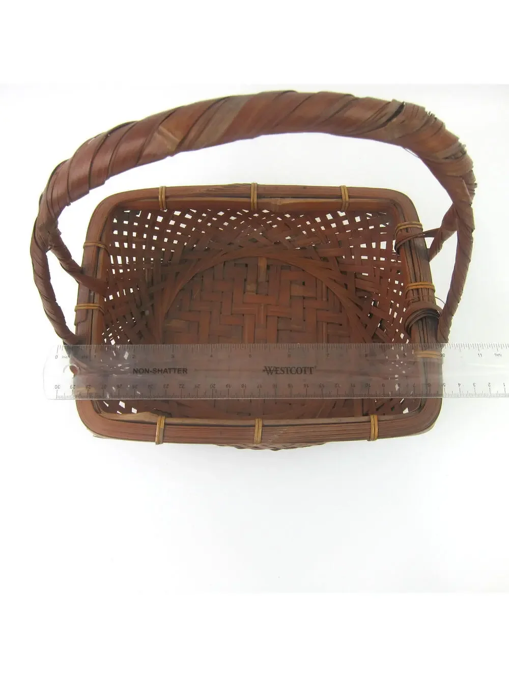 Japanese Ikebana Woven Bamboo Flower Basket 10x7 Rectangle Handle Vintage 1930s